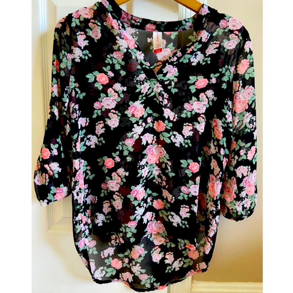 Black blouse top with pink flowers